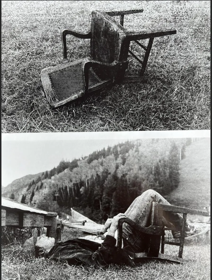 Two black-and-white film prints: an overturned chair in grass, and someone lying back in it on a hillside